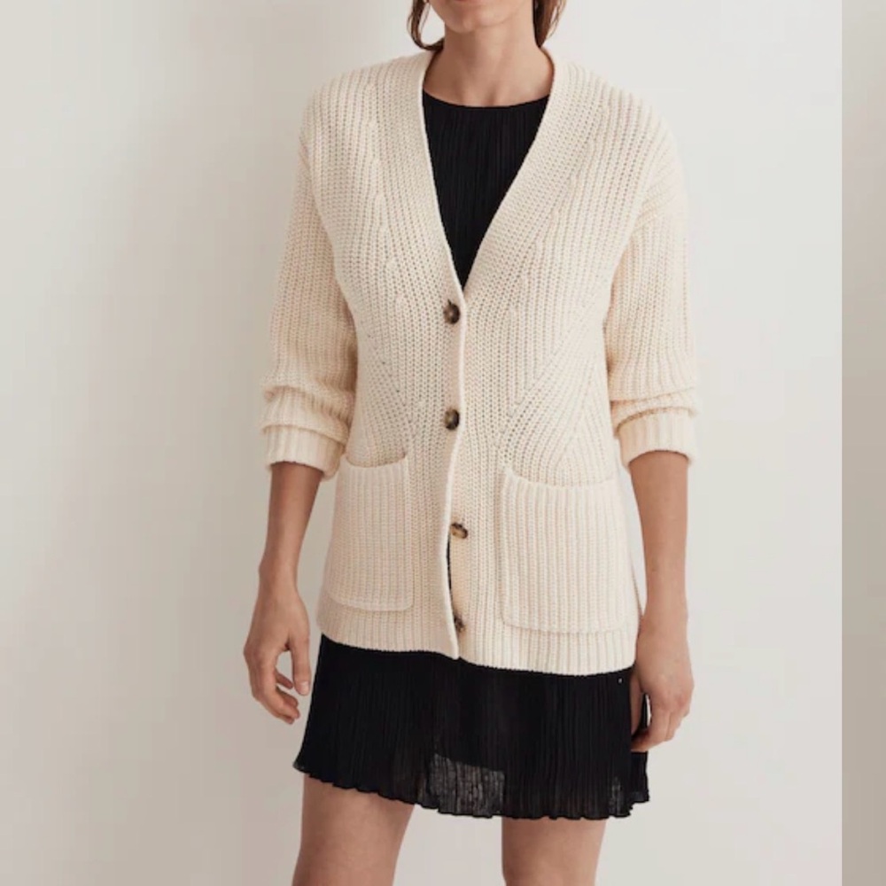 MADEWELL Antique Cream Textural Stitch V-neck Long Cardigan Sweater
